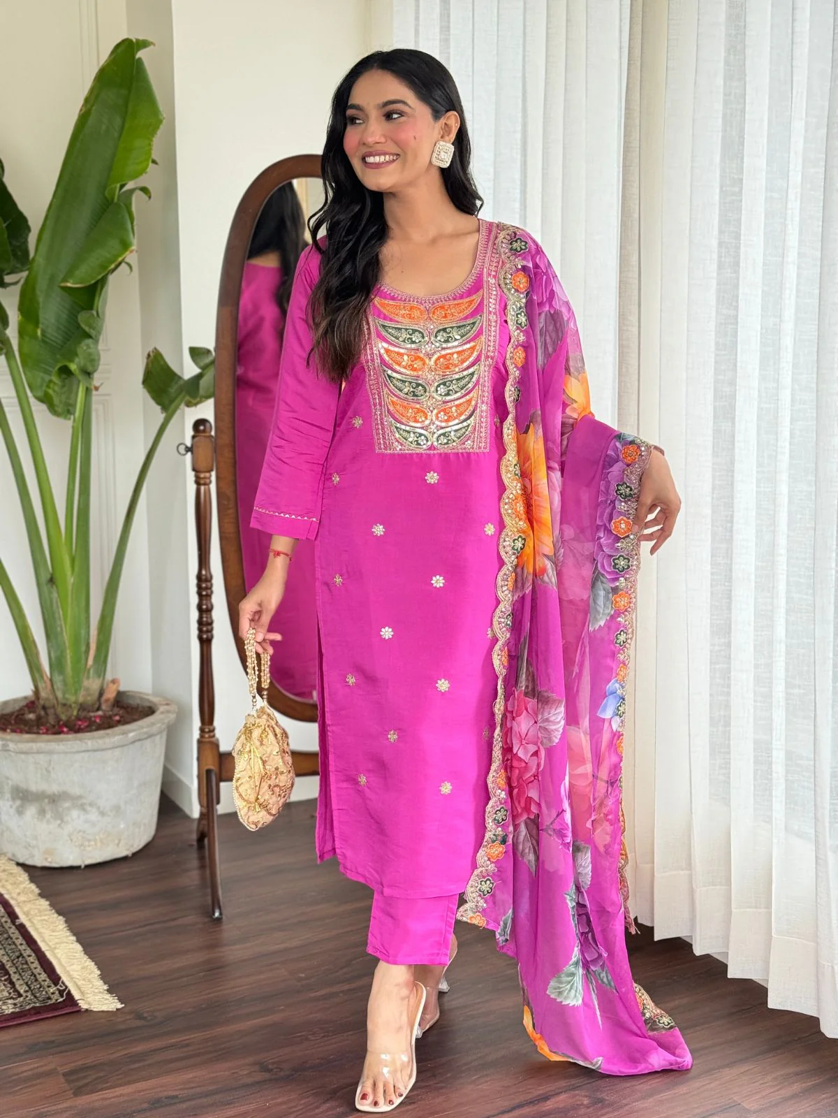 Odette Pink Viscose Embroidered Stitched Kurta Set For Women - Image 2