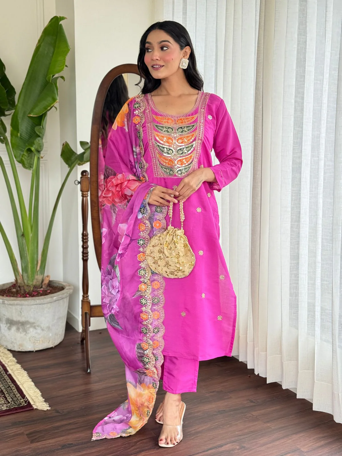 Odette Pink Viscose Embroidered Stitched Kurta Set For Women - Image 3