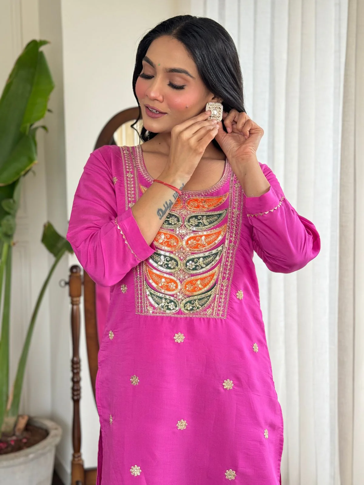 Odette Pink Viscose Embroidered Stitched Kurta Set For Women - Image 4