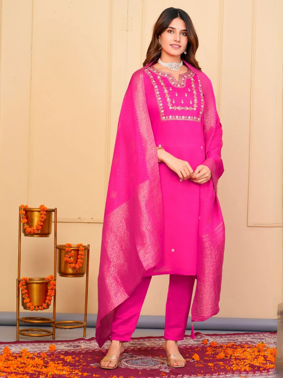 Odette Pink Viscose Embroidered Stitched Kurta Set For Women - Image 2