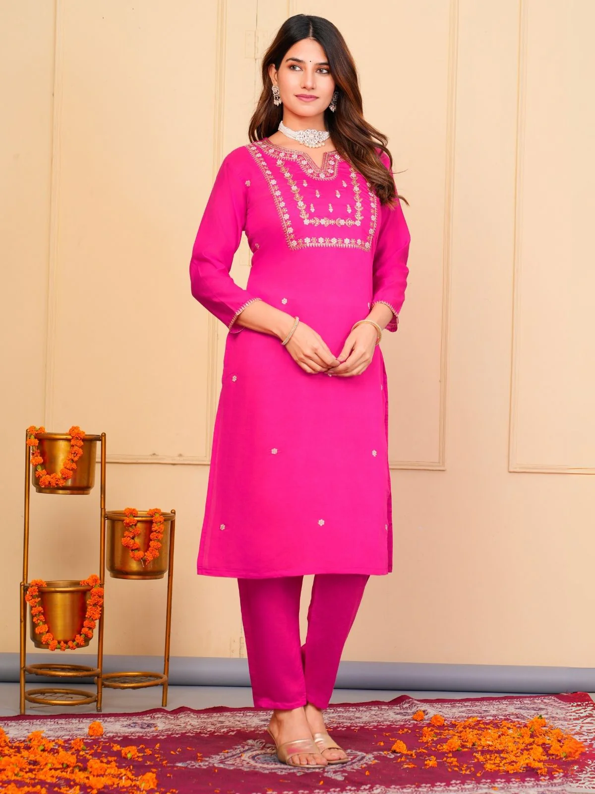 Odette Pink Viscose Embroidered Stitched Kurta Set For Women - Image 3