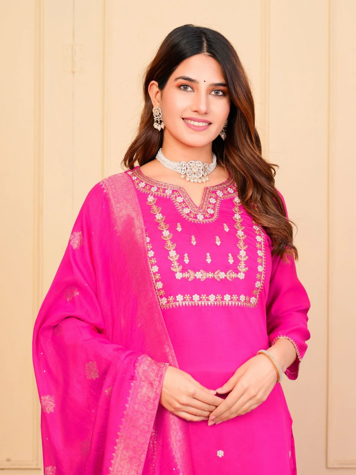 Odette Pink Viscose Embroidered Stitched Kurta Set For Women - Image 5