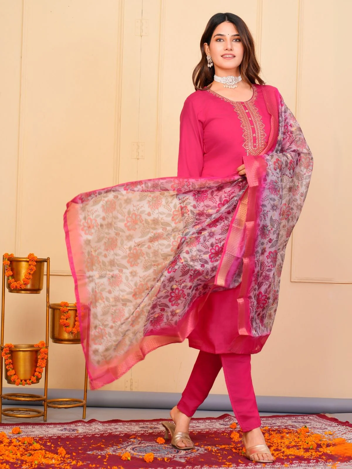 Odette Pink Viscose Embroidered Stitched Kurta Set For Women - Image 2