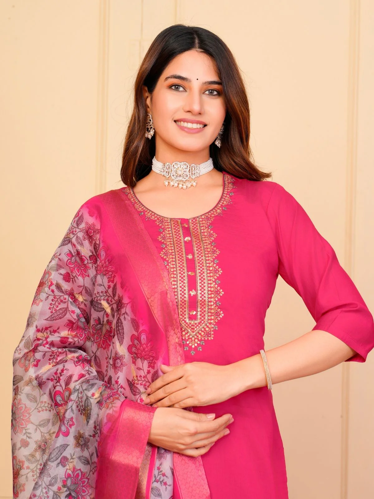 Odette Pink Viscose Embroidered Stitched Kurta Set For Women - Image 5