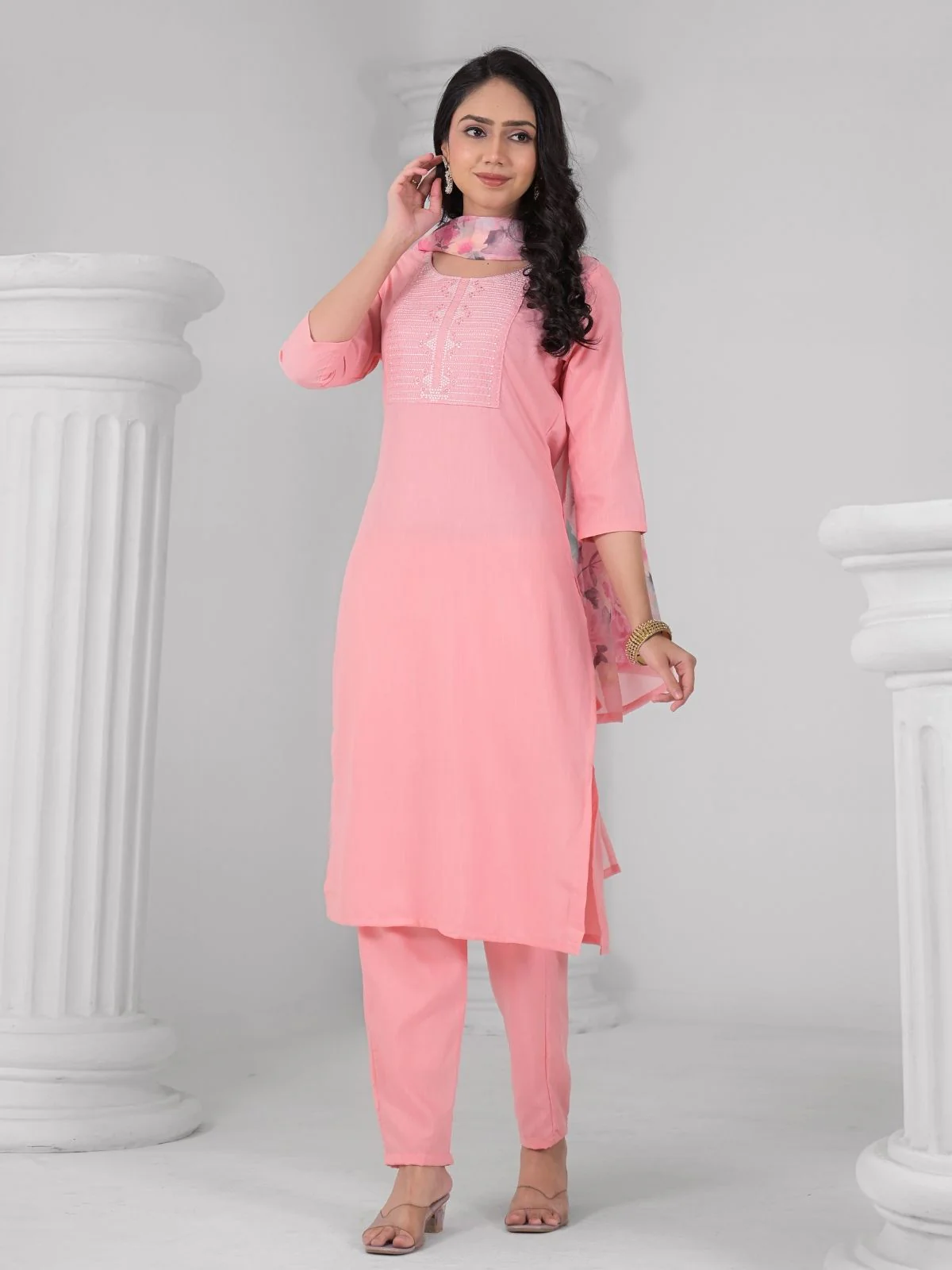 Odette Pink Viscose Rayon Embroidered Stitched Kurta Set For Women - Image 2