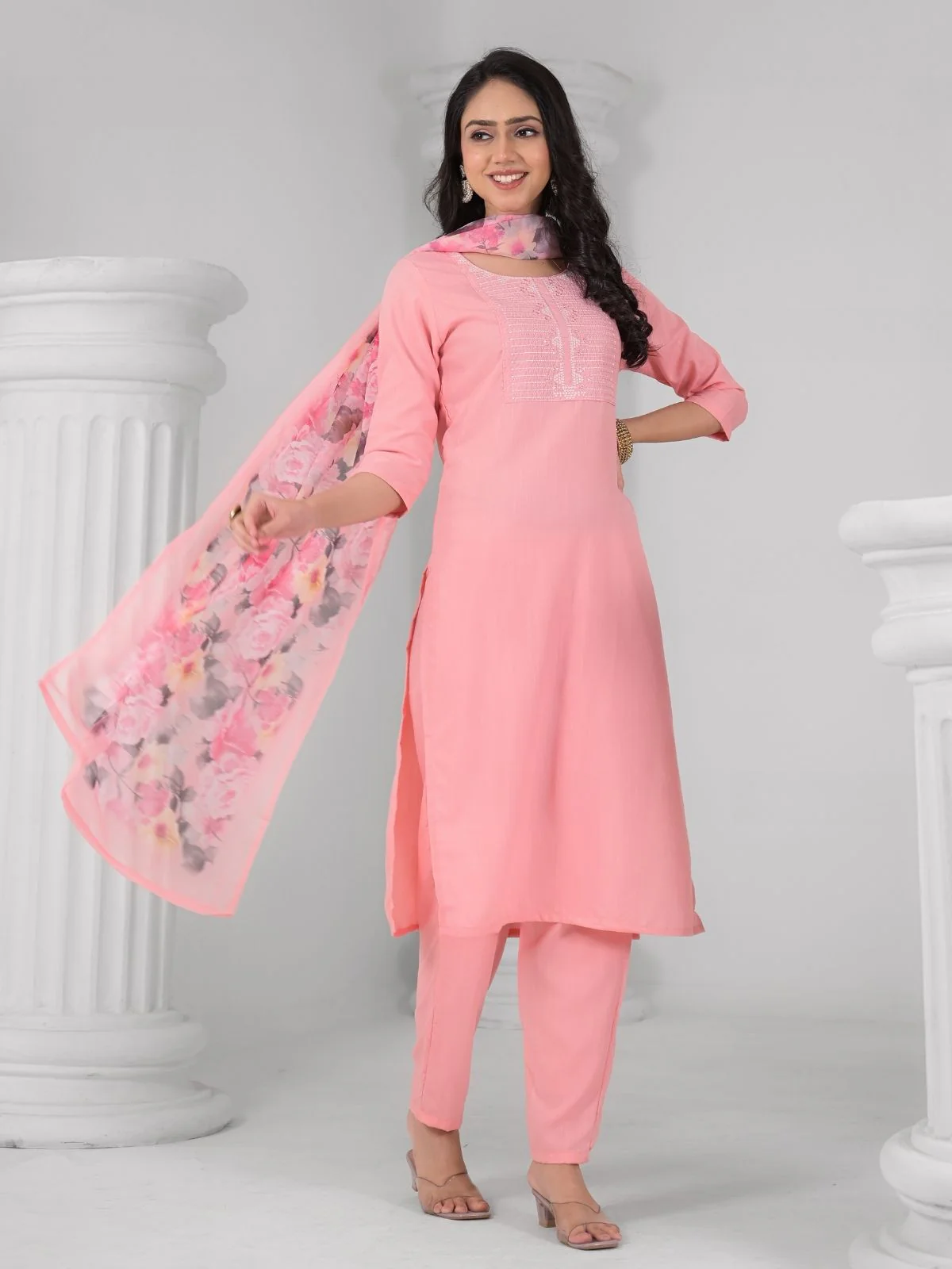 Odette Pink Viscose Rayon Embroidered Stitched Kurta Set For Women - Image 3