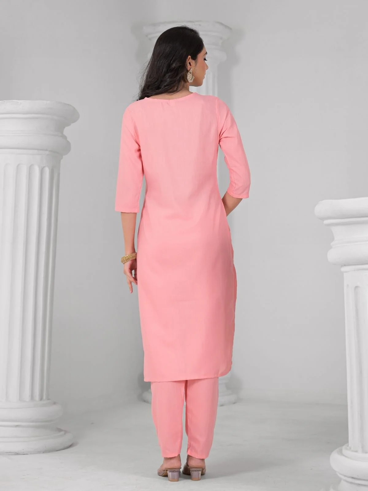 Odette Pink Viscose Rayon Embroidered Stitched Kurta Set For Women - Image 4