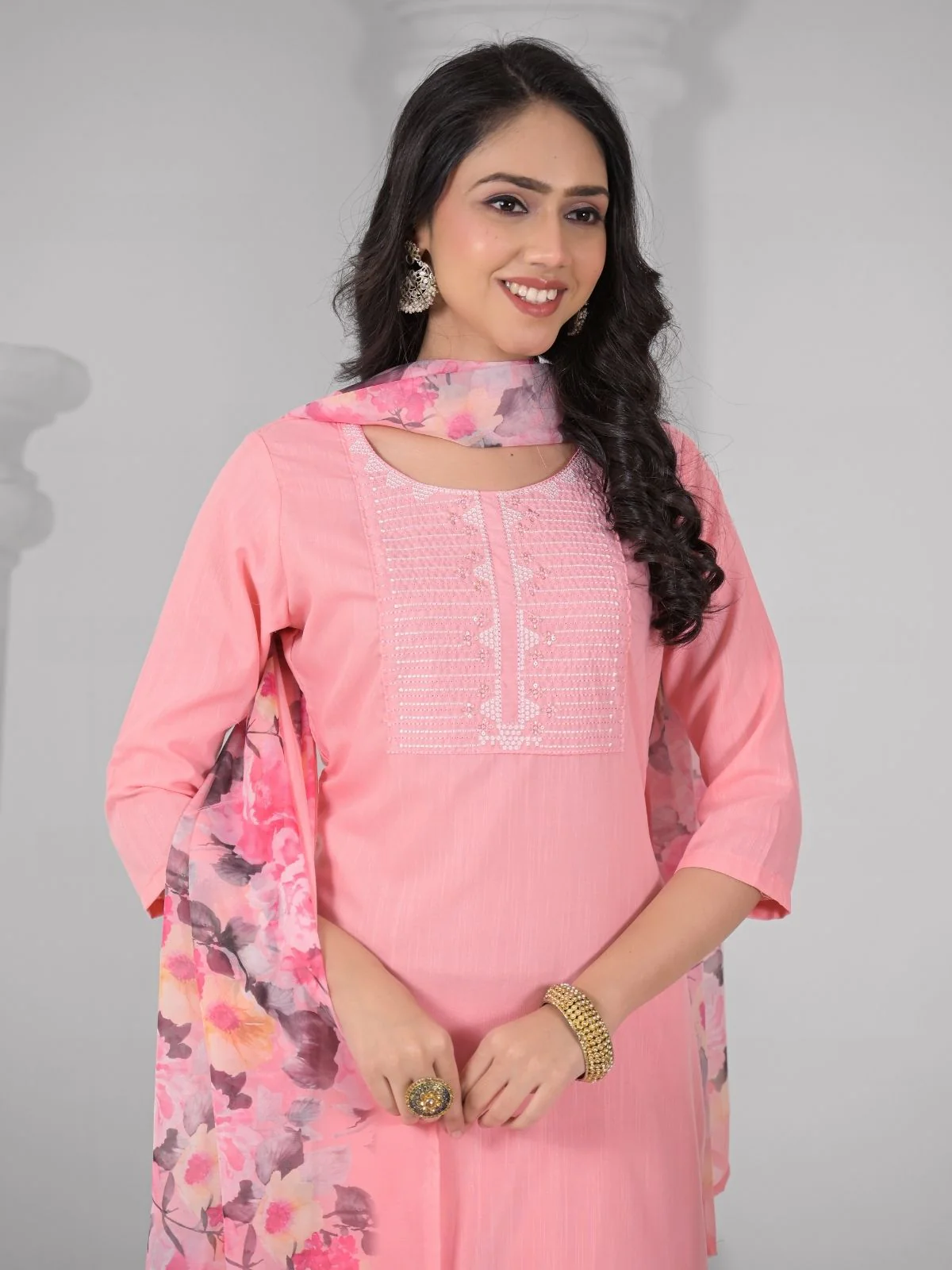 Odette Pink Viscose Rayon Embroidered Stitched Kurta Set For Women - Image 5