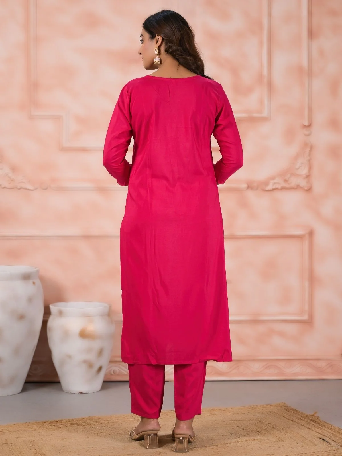 Odette Pink Viscose Rayon Embroidered Stitched Kurta Set For Women - Image 3