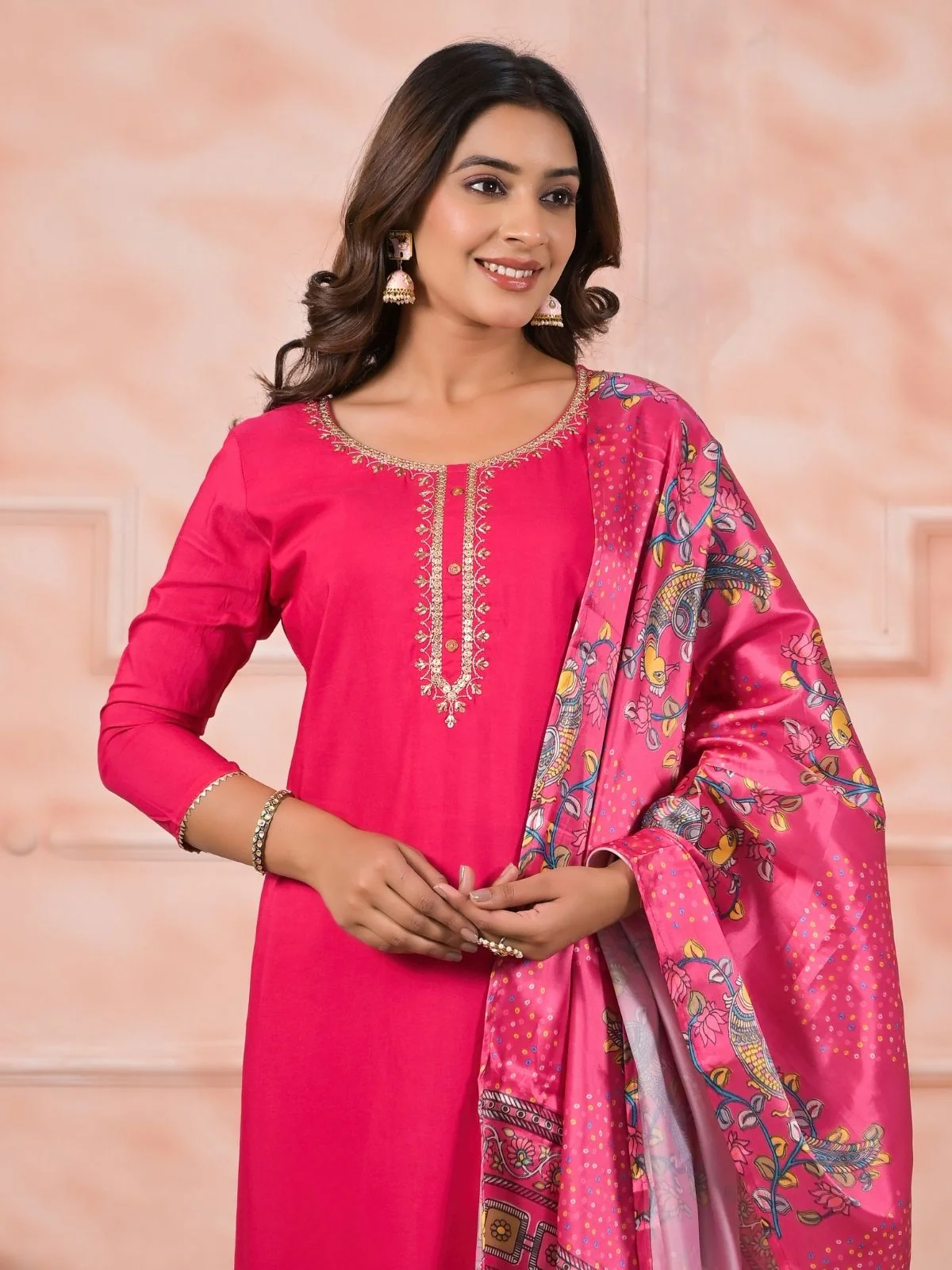 Odette Pink Viscose Rayon Embroidered Stitched Kurta Set For Women - Image 4