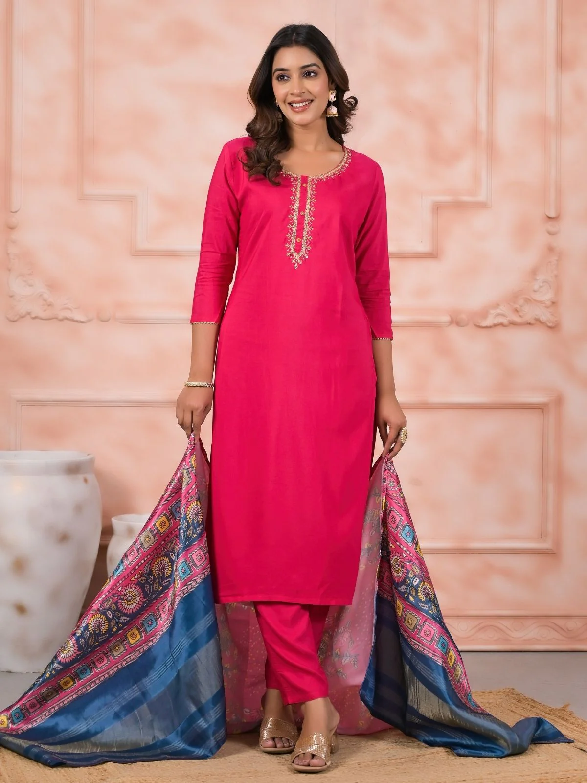Odette Pink Viscose Rayon Embroidered Stitched Kurta Set For Women - Image 6