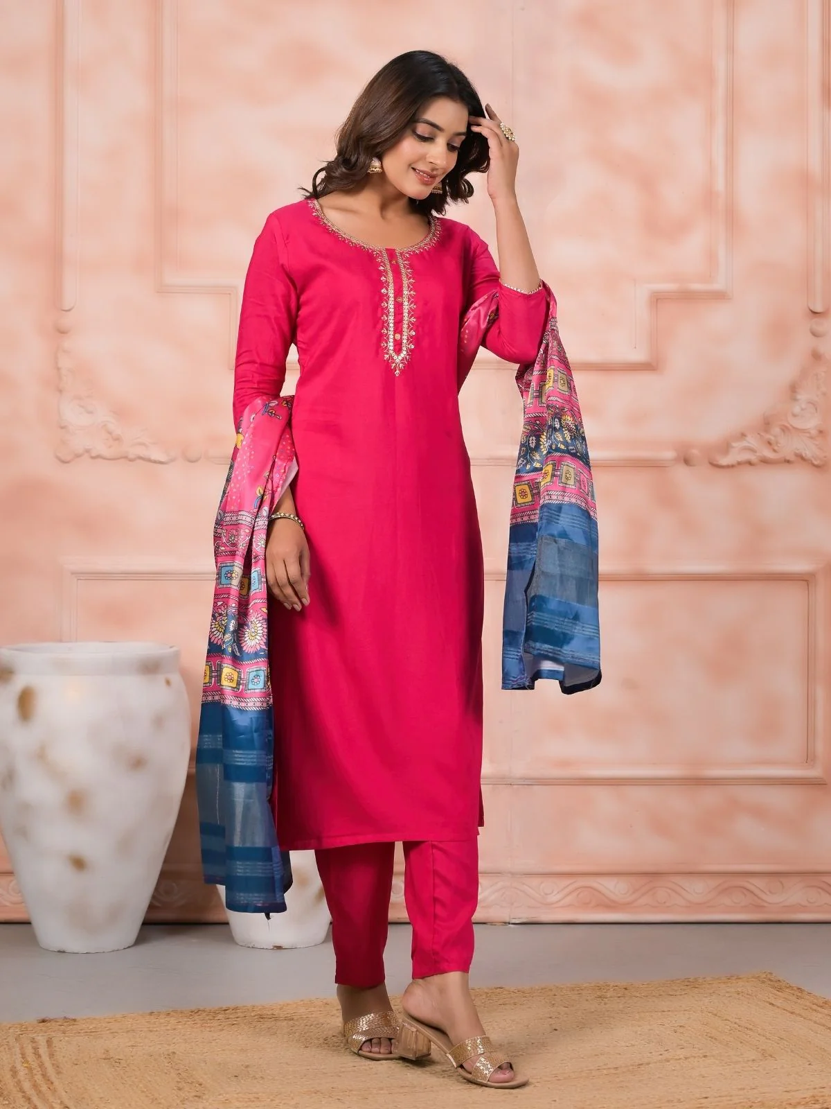 Odette Pink Viscose Rayon Embroidered Stitched Kurta Set For Women - Image 7