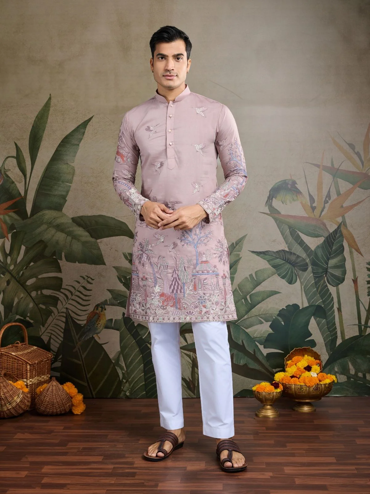 Odette Pink Viscose Silk Embroidered Stitched Kurta For Men