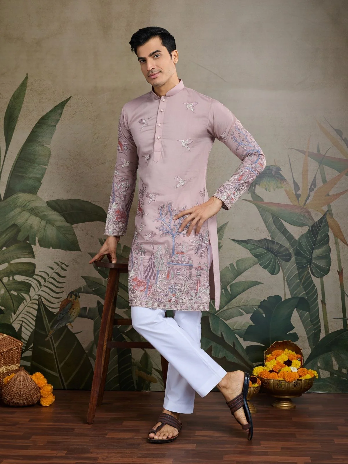 Odette Pink Viscose Silk Embroidered Stitched Kurta For Men - Image 2