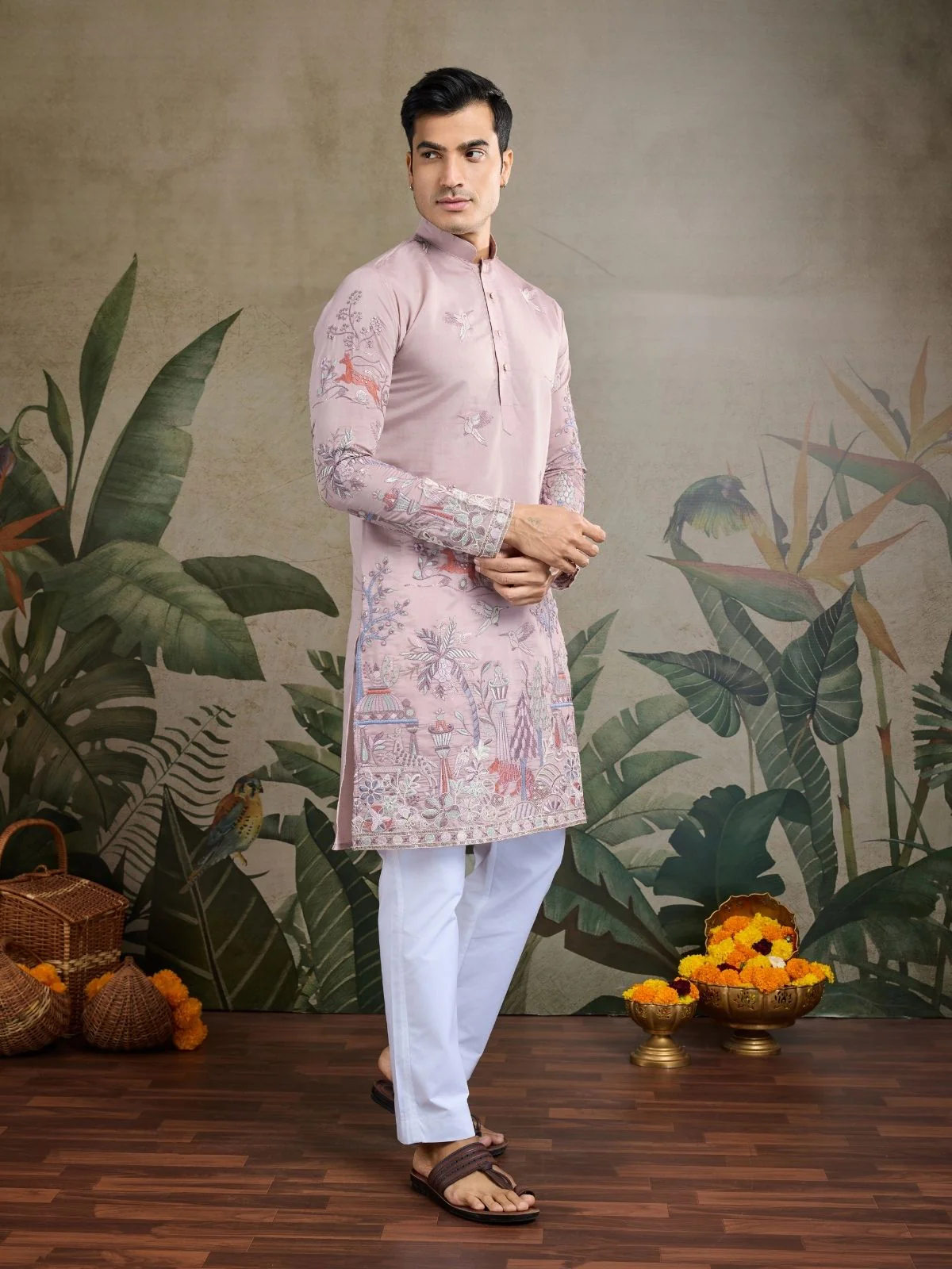 Odette Pink Viscose Silk Embroidered Stitched Kurta For Men - Image 3