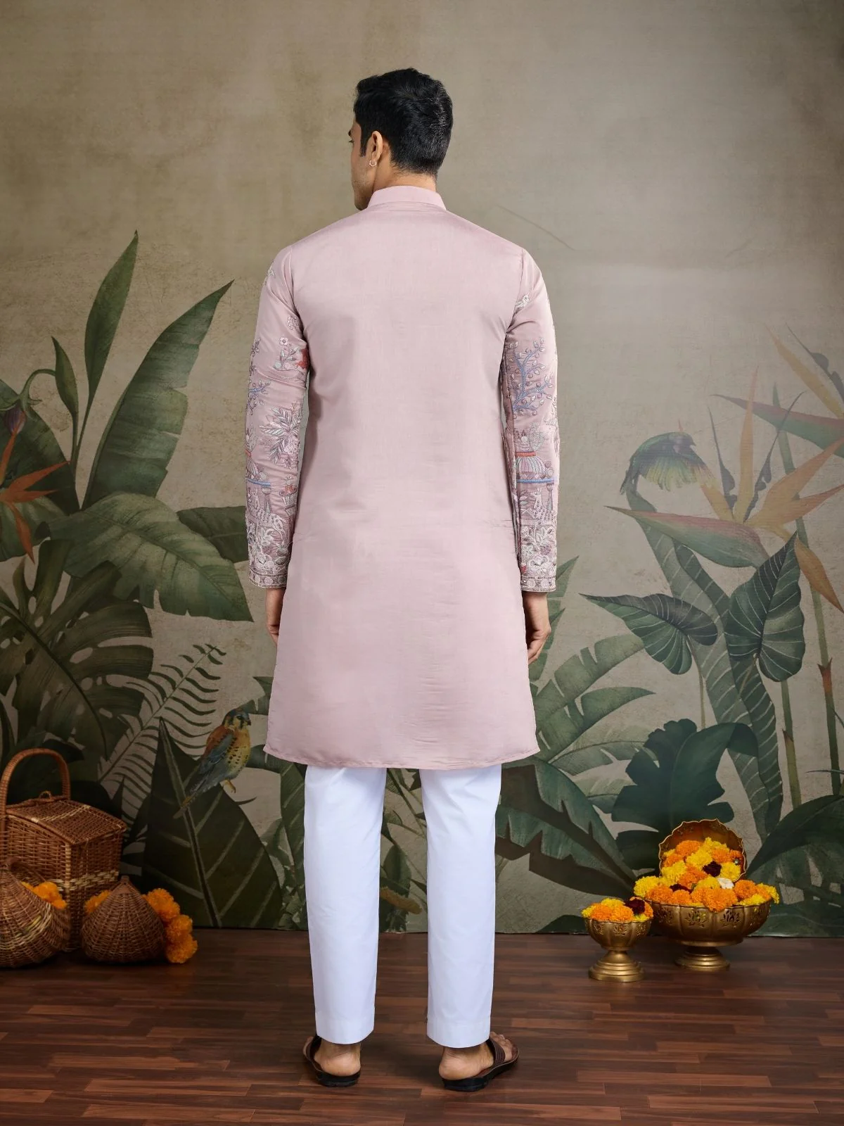 Odette Pink Viscose Silk Embroidered Stitched Kurta For Men - Image 4