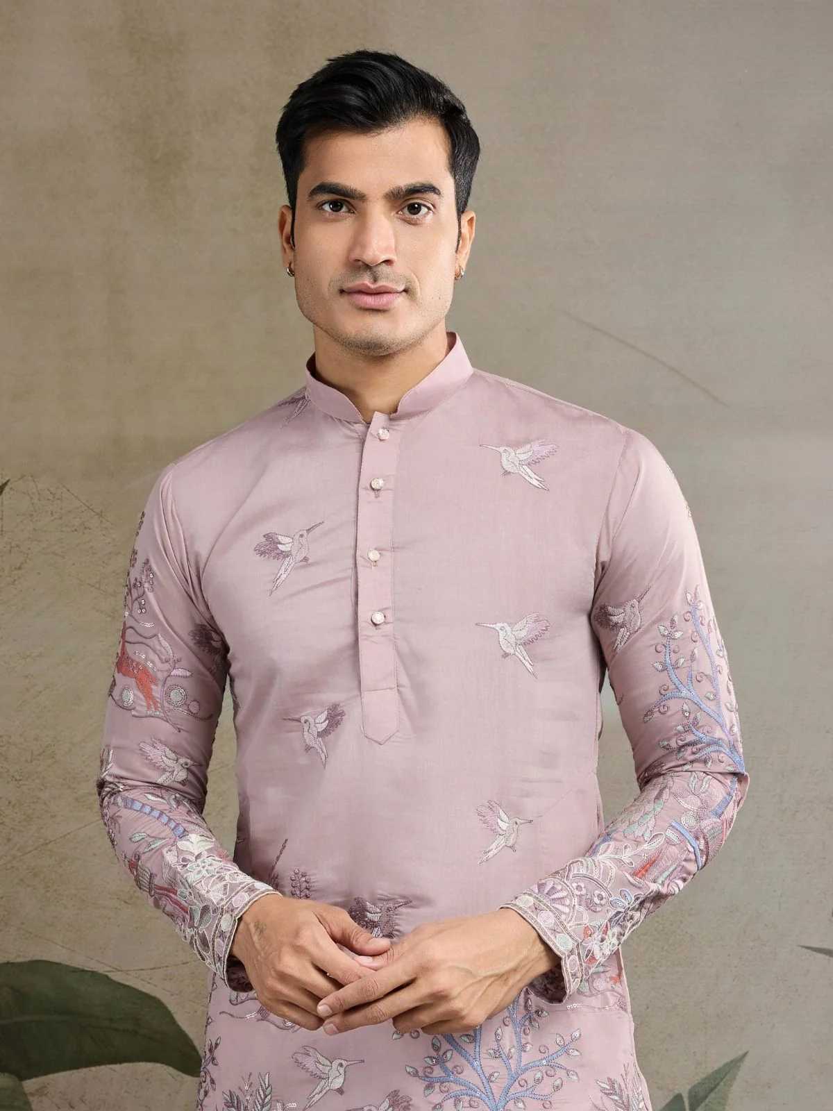 Odette Pink Viscose Silk Embroidered Stitched Kurta For Men - Image 5