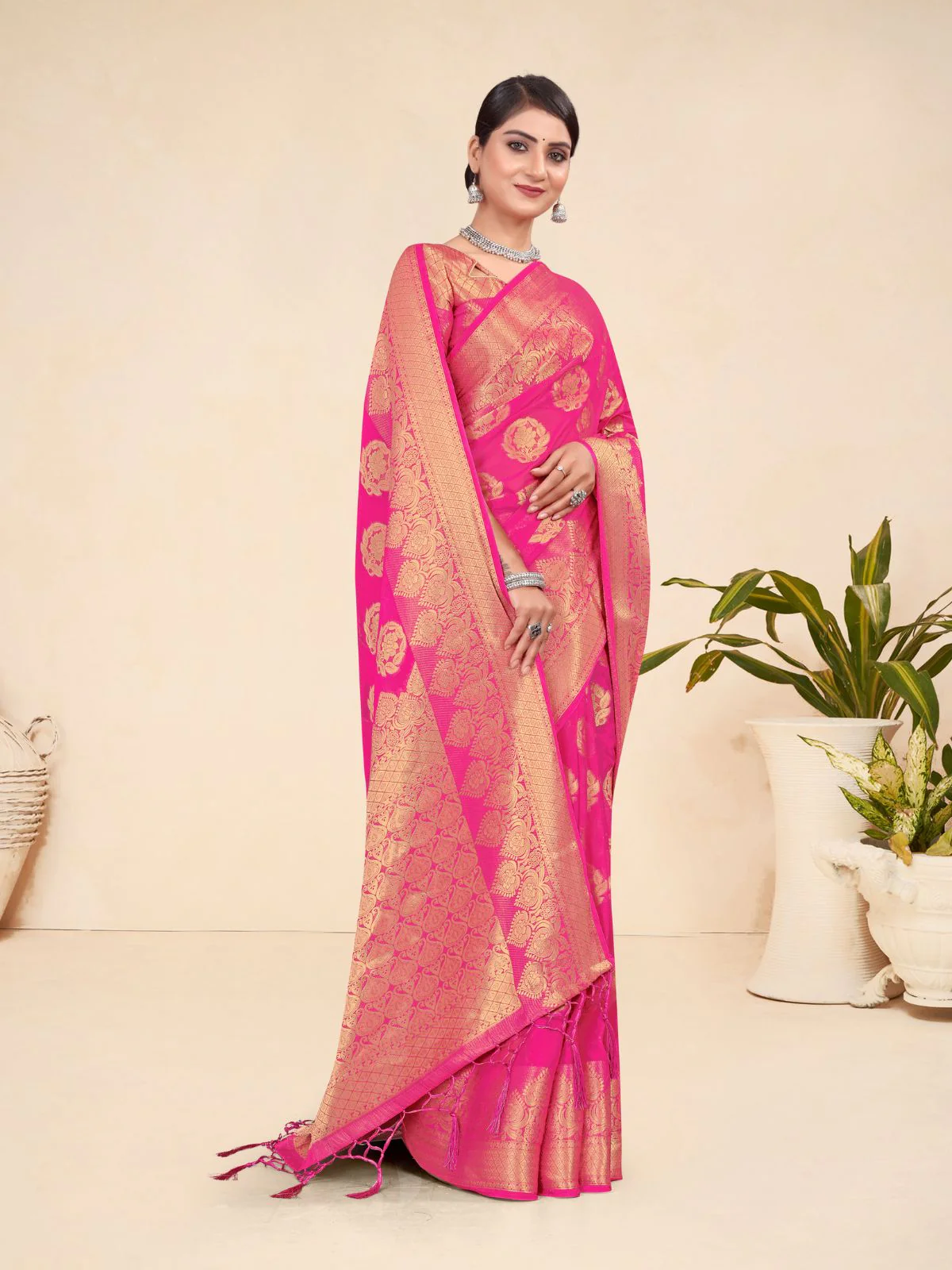 Odette Pink Viscose  Woven Saree With Unstitched Blouse For Women - Image 2