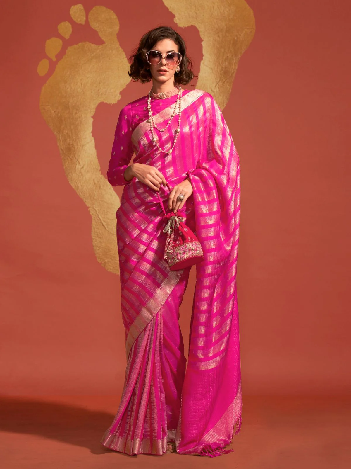 Odette Pink Viscose Woven Saree With Unstitched Blouse For Women