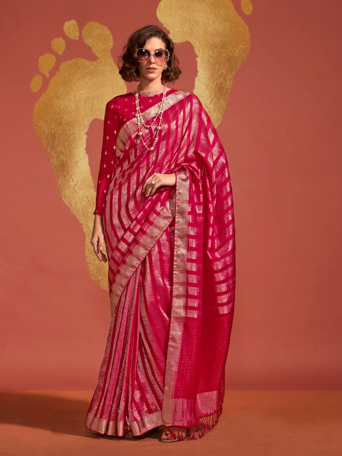 Odette Pink Viscose Woven Saree With Unstitched Blouse For Women