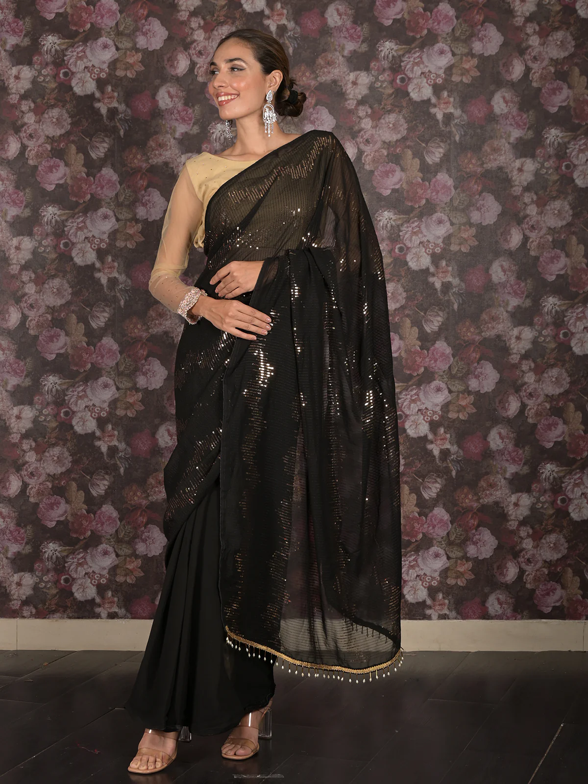 Odette Black Woven Chiffon Saree Without Blouse for Women - Image 3