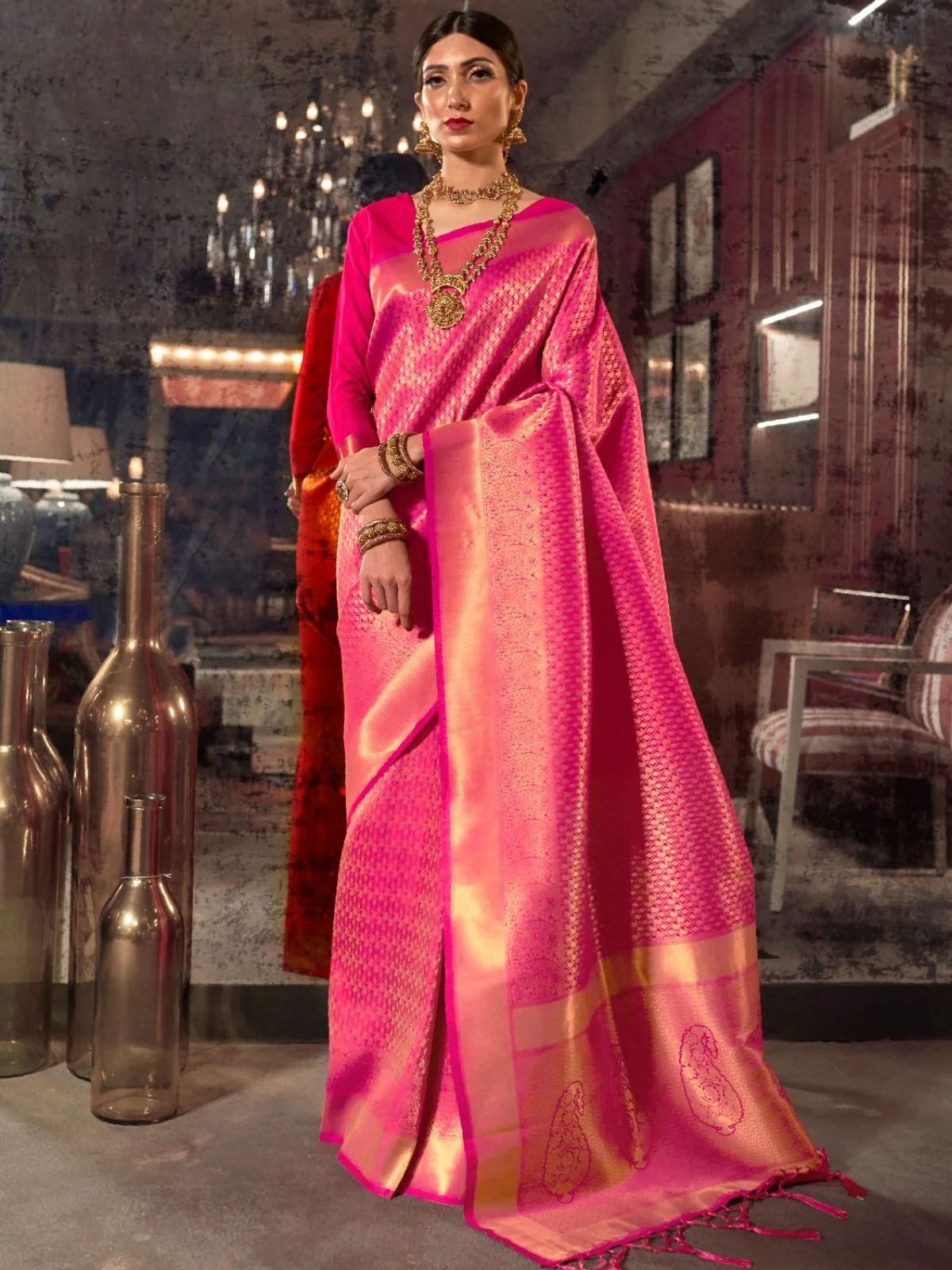 Odette Pink Woven Design Silk Blend Saree With Unstitched Blouse For Women