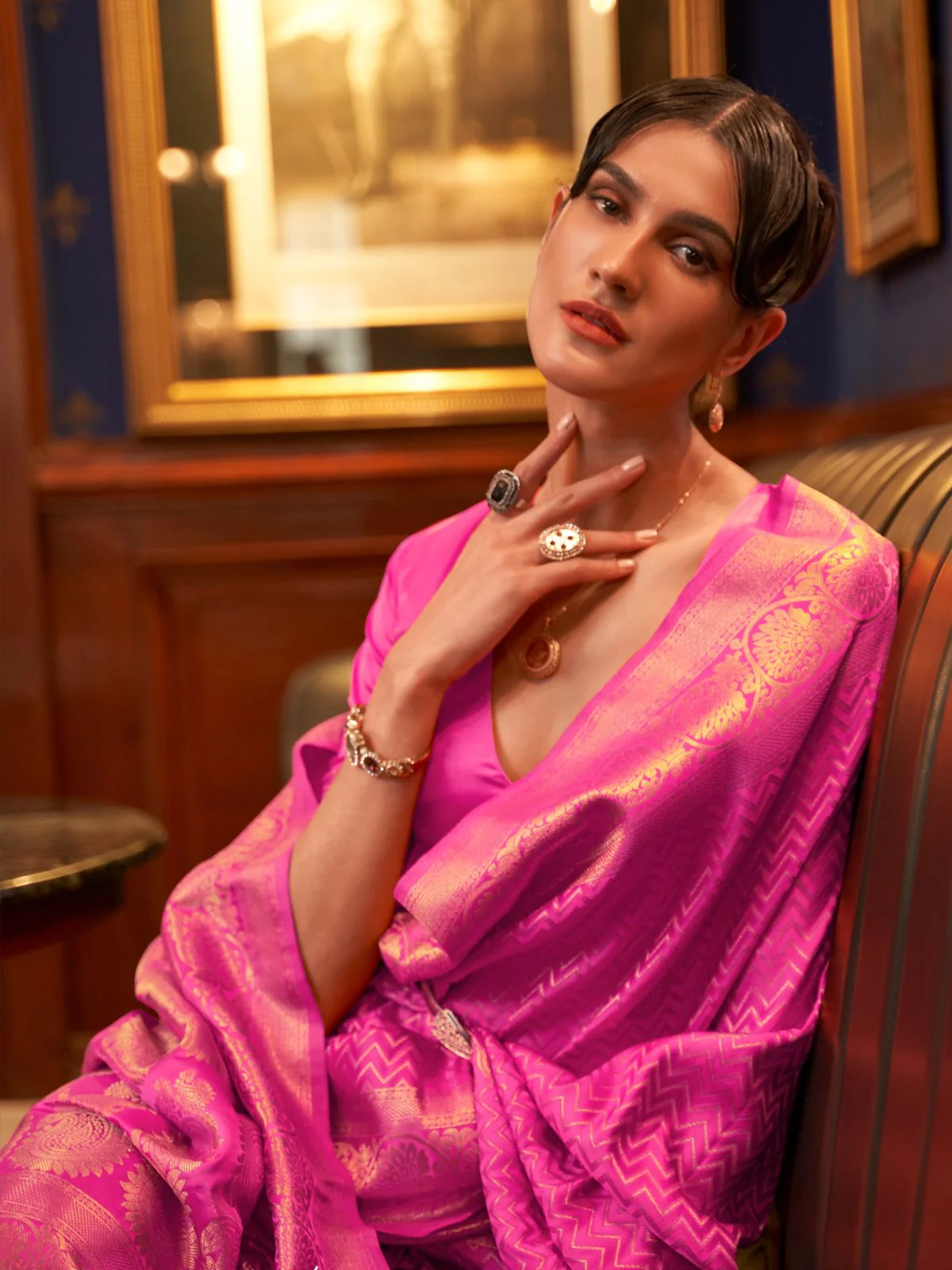 Odette Pink Woven Design Silk Blend Saree With Unstitched Blouse For Women - Image 2