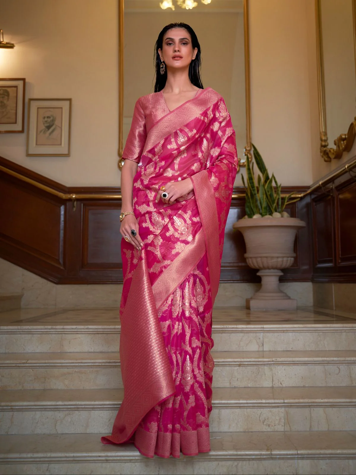 Odette Pink Woven Design Silk Blend Saree With Unstitched Blouse For Women