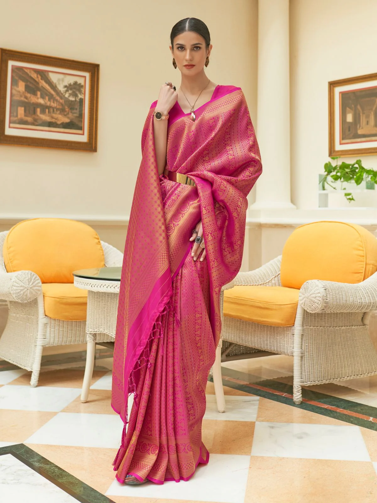 Odette Pink Woven Design Silk Blend Saree With Unstitched Blouse For Women