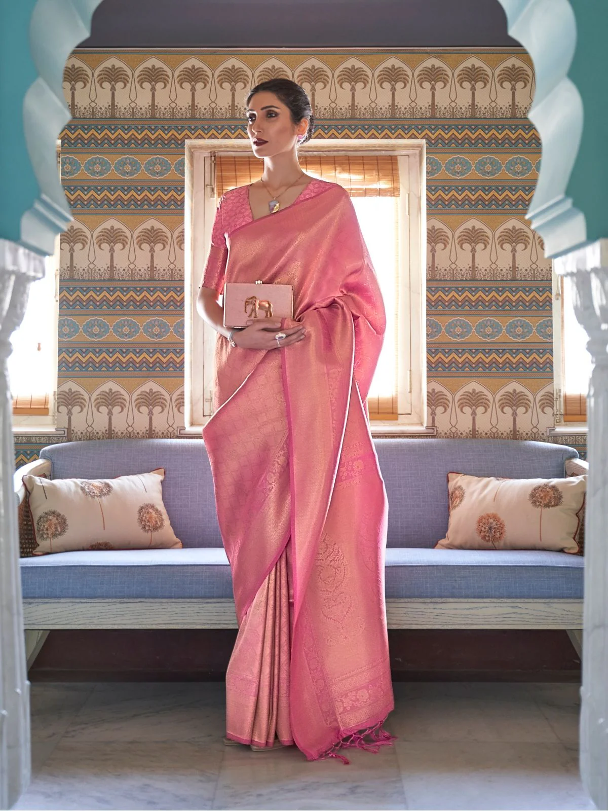 Odette Pink Woven Design Silk Blend Saree With Unstitched Blouse For Women