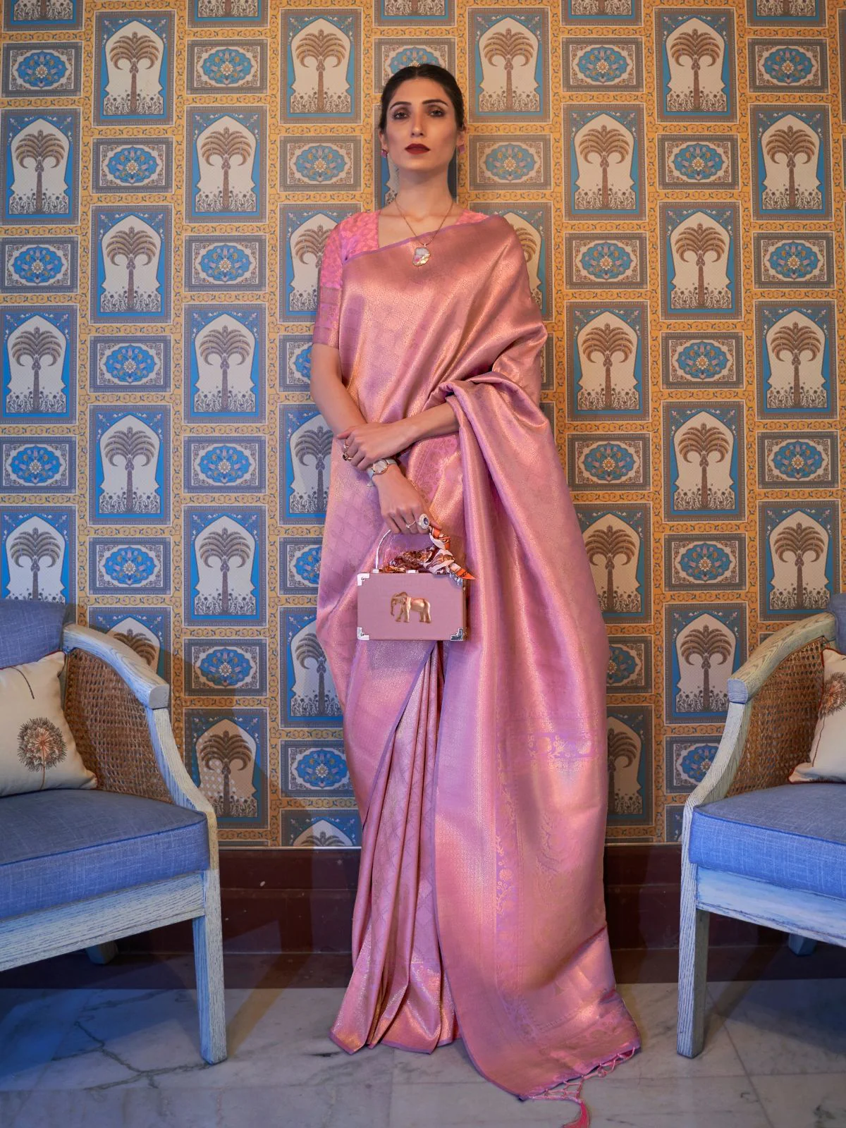 Odette Pink Woven Design Silk Blend Saree With Unstitched Blouse For Women