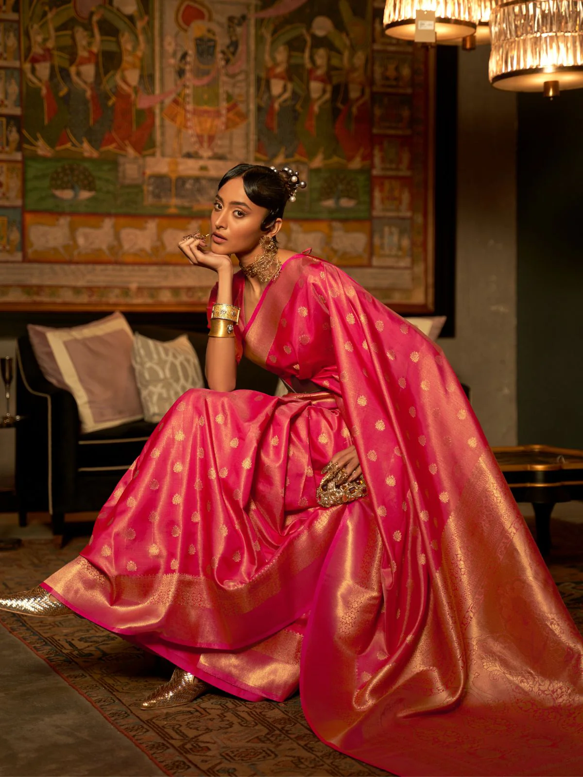 Odette Pink Woven Design Silk Blend Saree With Unstitched Blouse For Women - Image 2