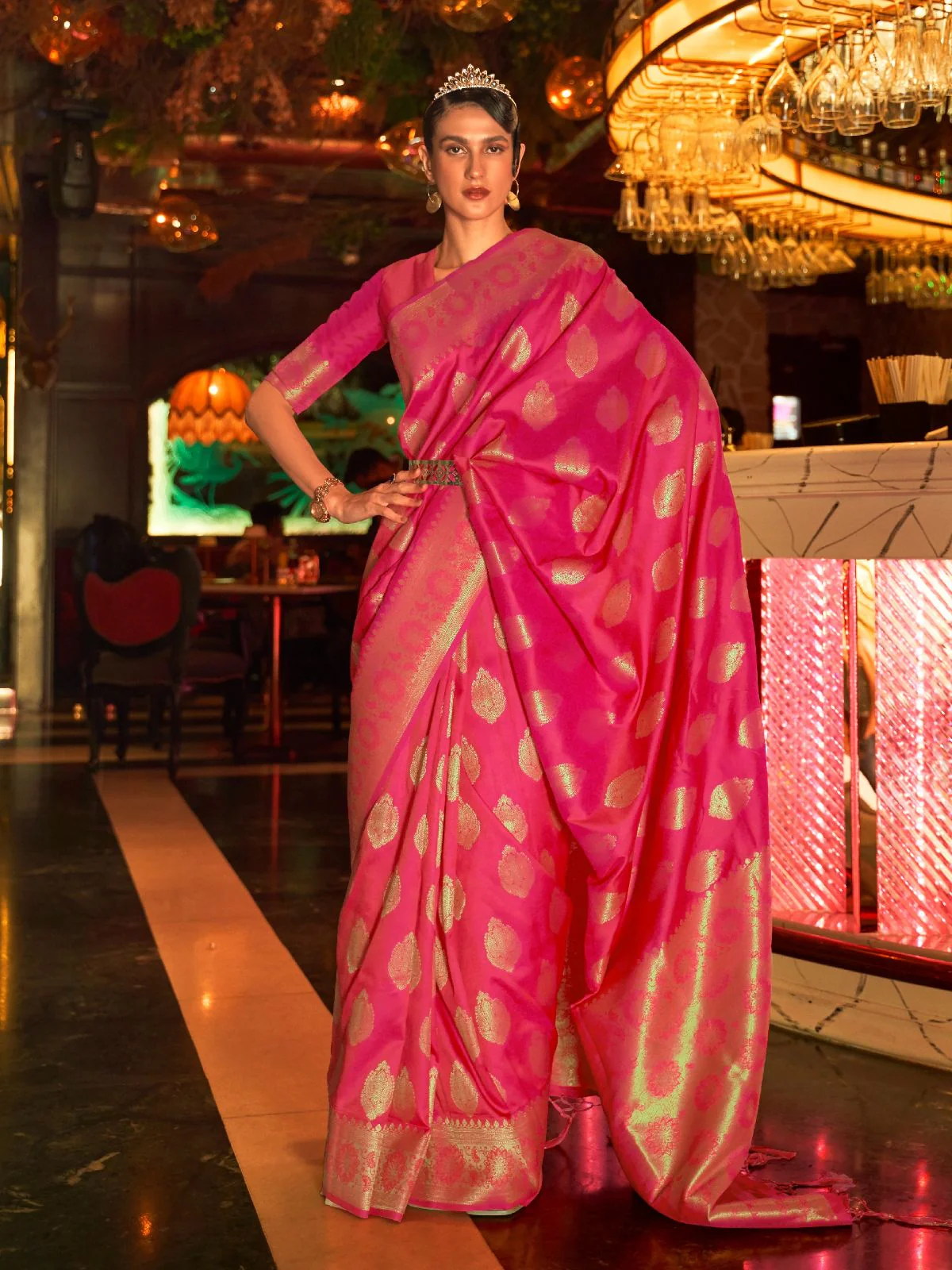 Odette Pink Woven Design Silk Blend Saree With Unstitched Blouse For Women