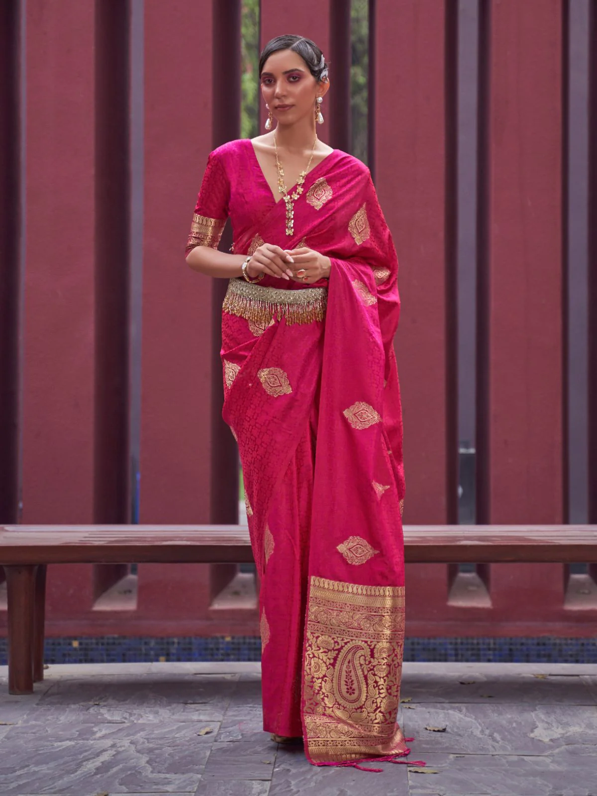 Odette Pink Woven Design Silk Blend Saree With Unstitched Blouse For Women