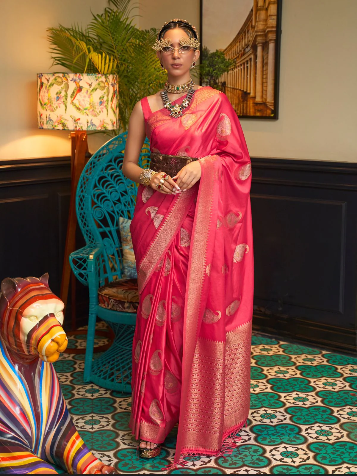Odette Pink Woven Design Silk Blend Saree With Unstitched Blouse For Women