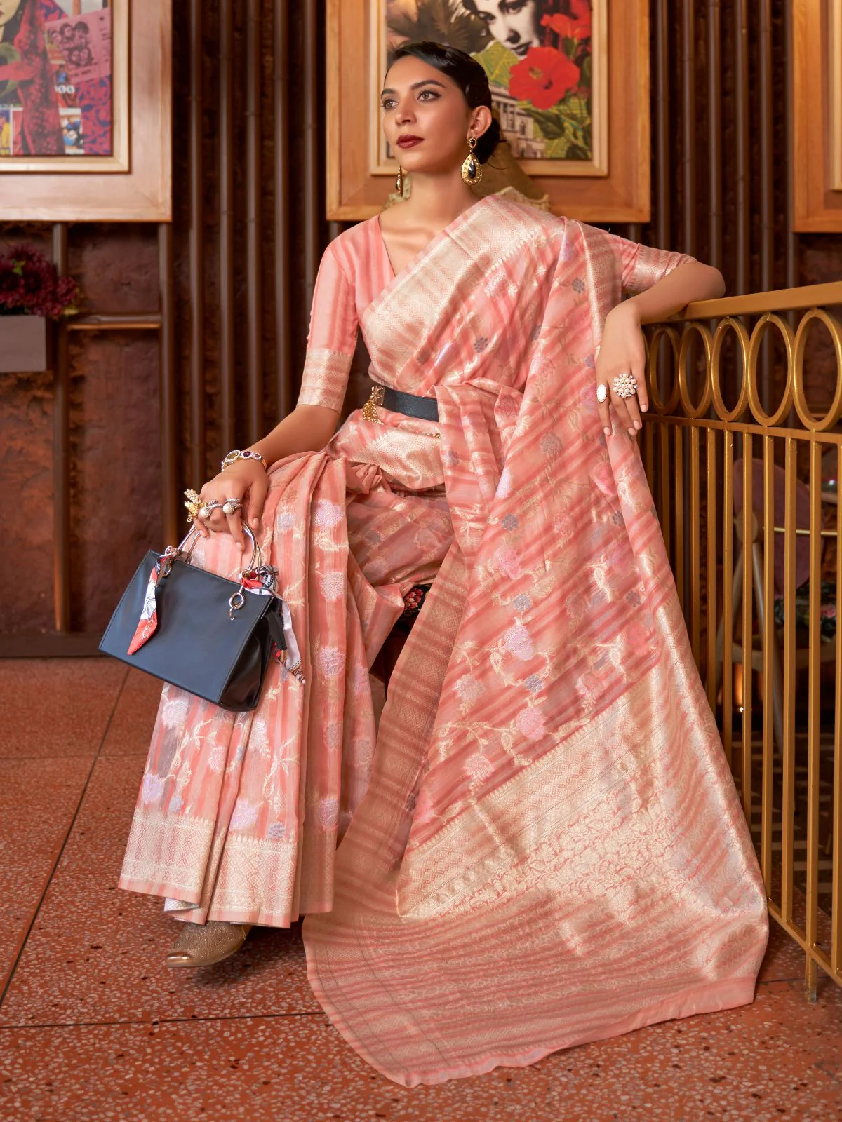 Odette Pink Woven Design Silk Blend Saree With Unstitched Blouse For Women - Image 2