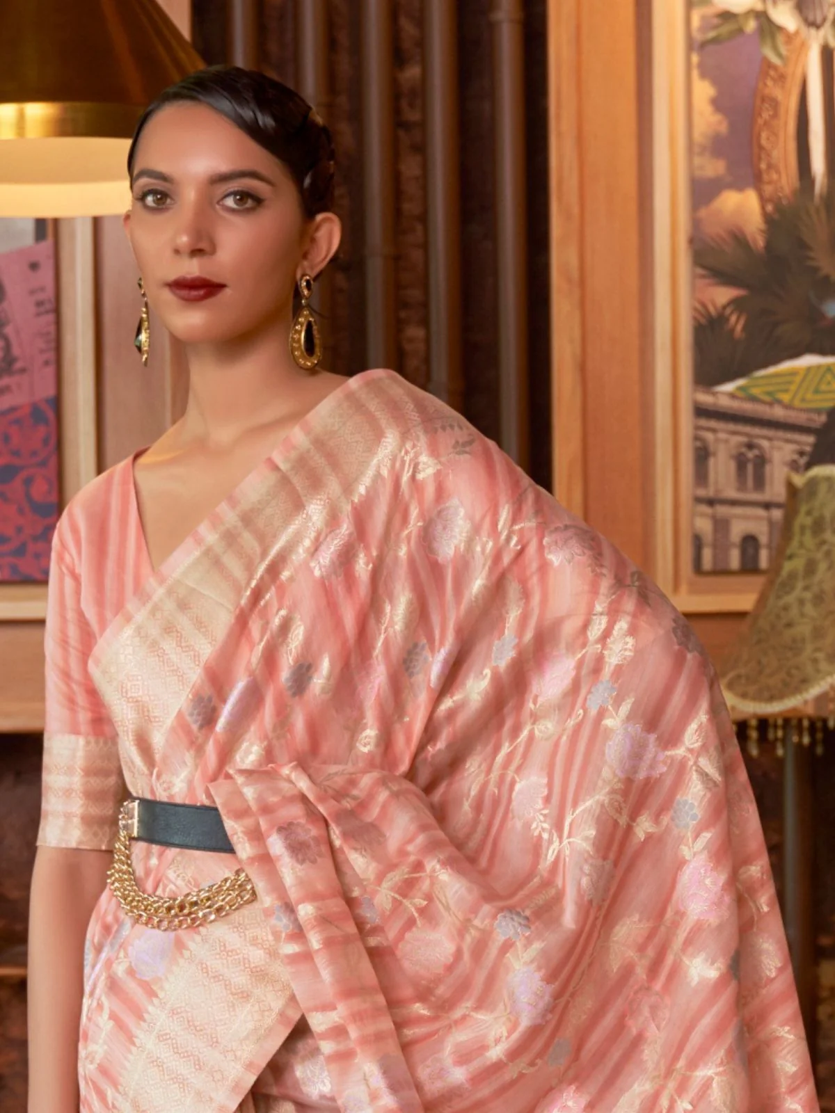 Odette Pink Woven Design Silk Blend Saree With Unstitched Blouse For Women - Image 3