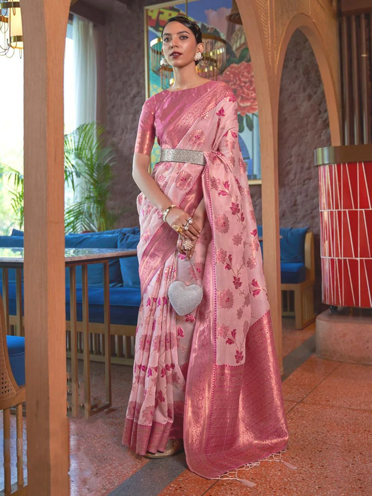 Odette Pink Woven Design Silk Blend Saree With Unstitched Blouse For Women