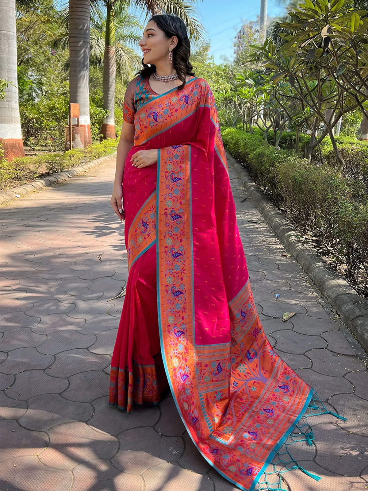 Odette Pink Woven Design Silk Blend Saree With Unstitched Blouse For Women