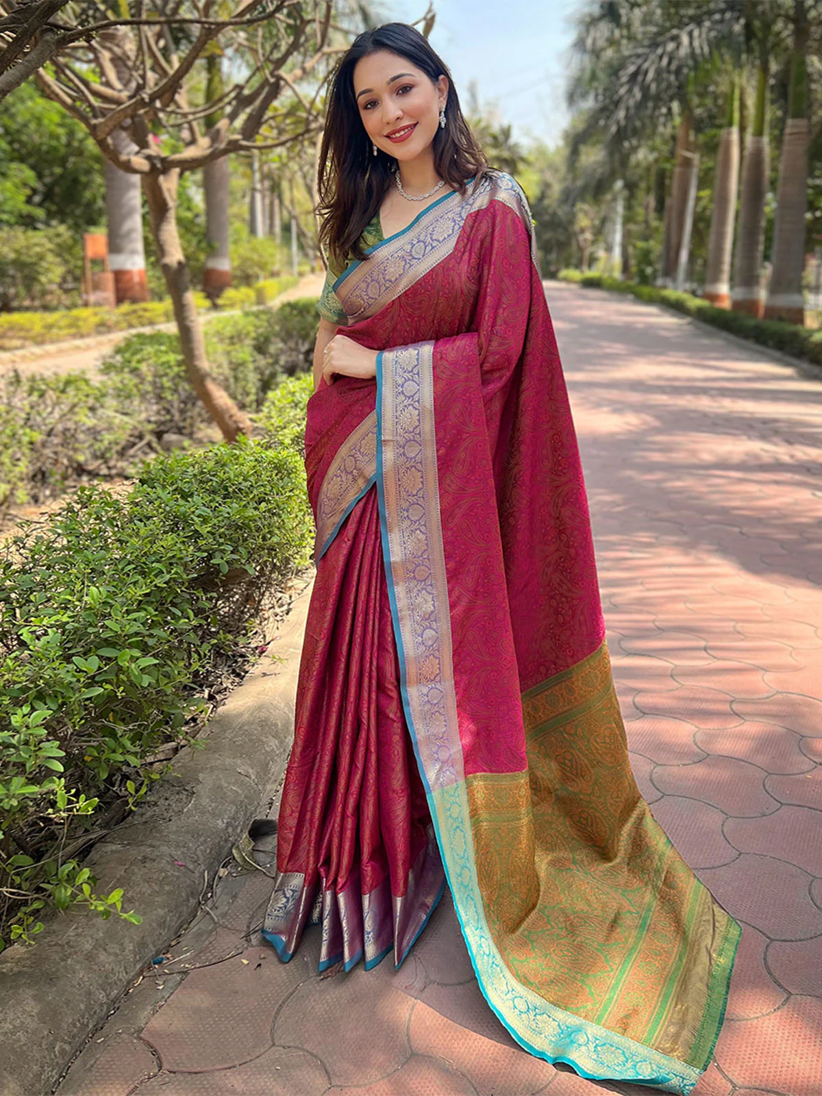 Odette Pink Woven Design Silk Blend Saree With Unstitched Blouse For Women