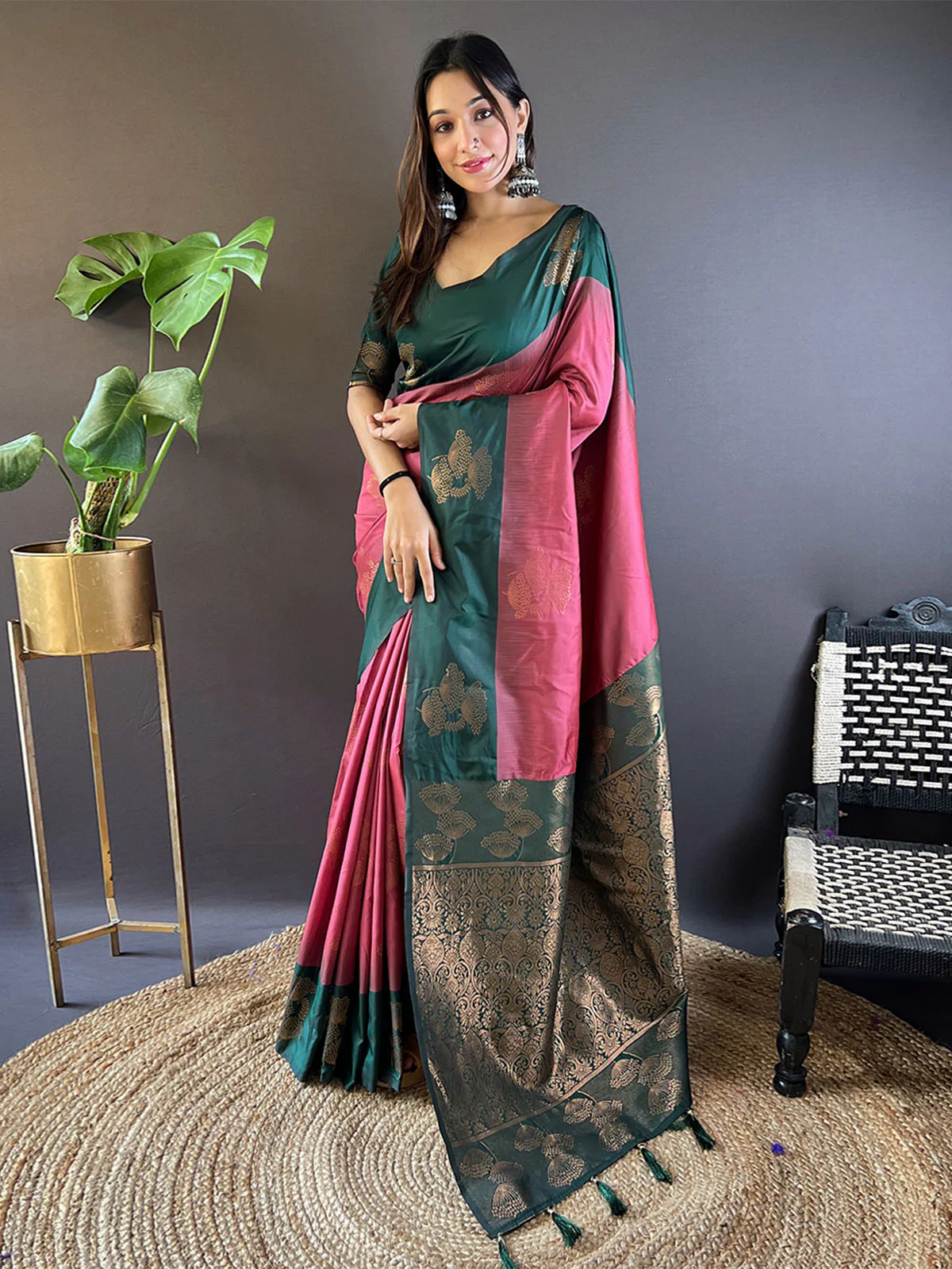 Odette Pink Woven Design Soft Silk Saree With Unstitched Blouse For Women