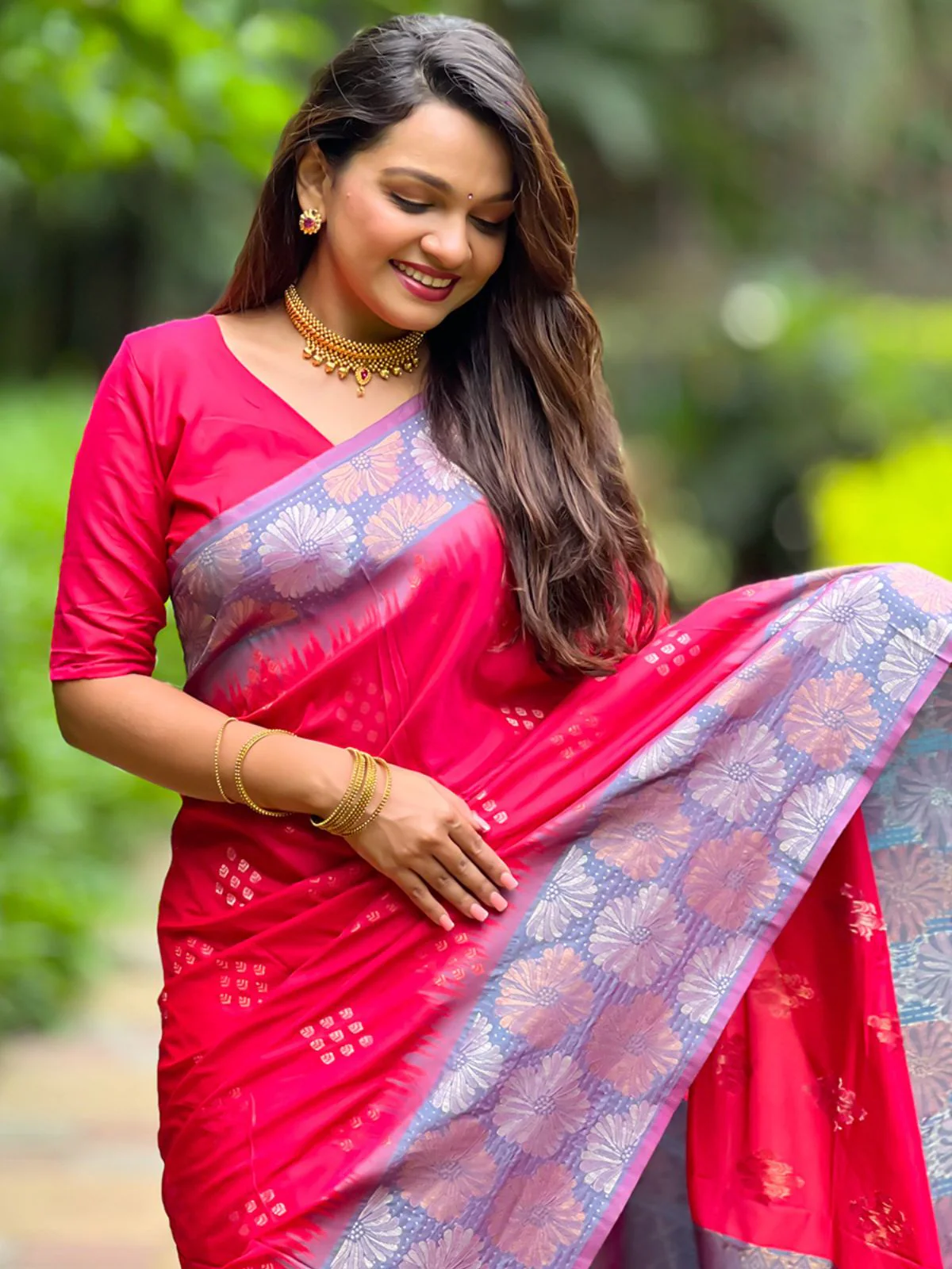 Odette Pink Woven Design Soft Silk Saree With Unstitched Blouse For Women - Image 4