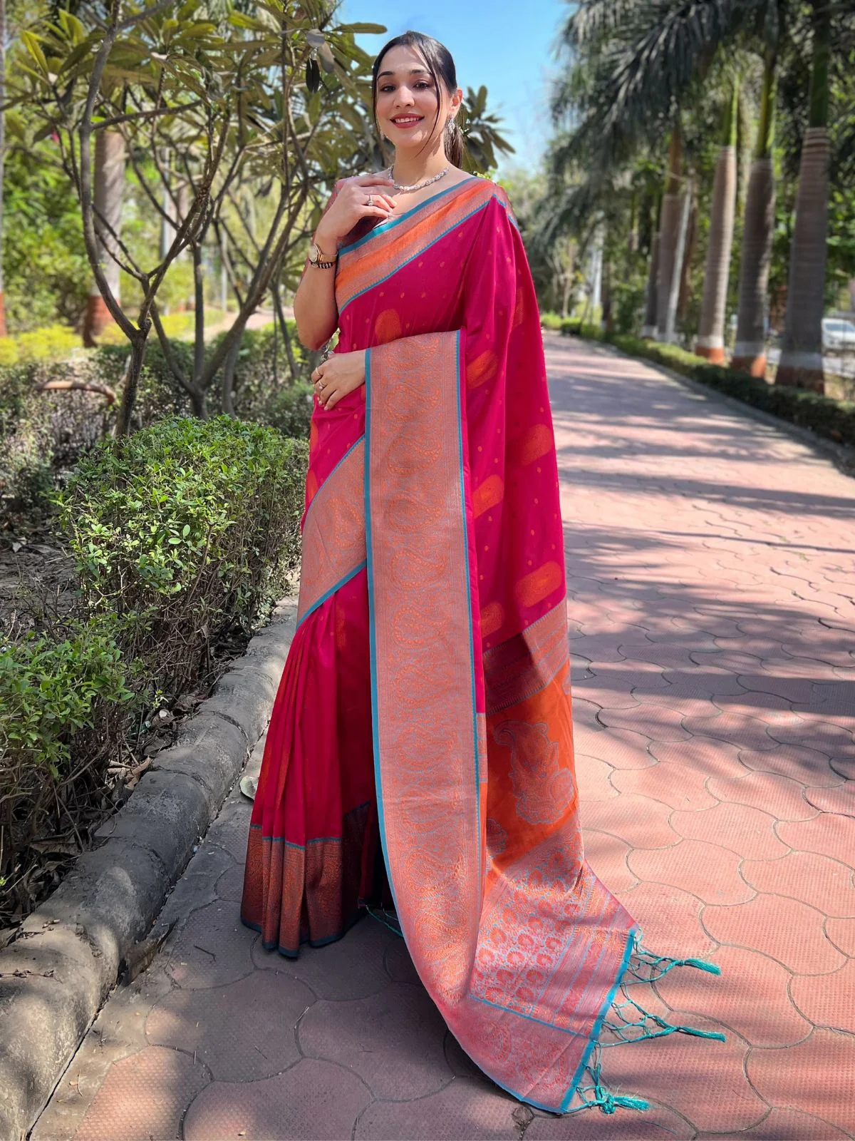 Odette Pink Woven Design Soft Silk Saree With Unstitched Blouse For Women