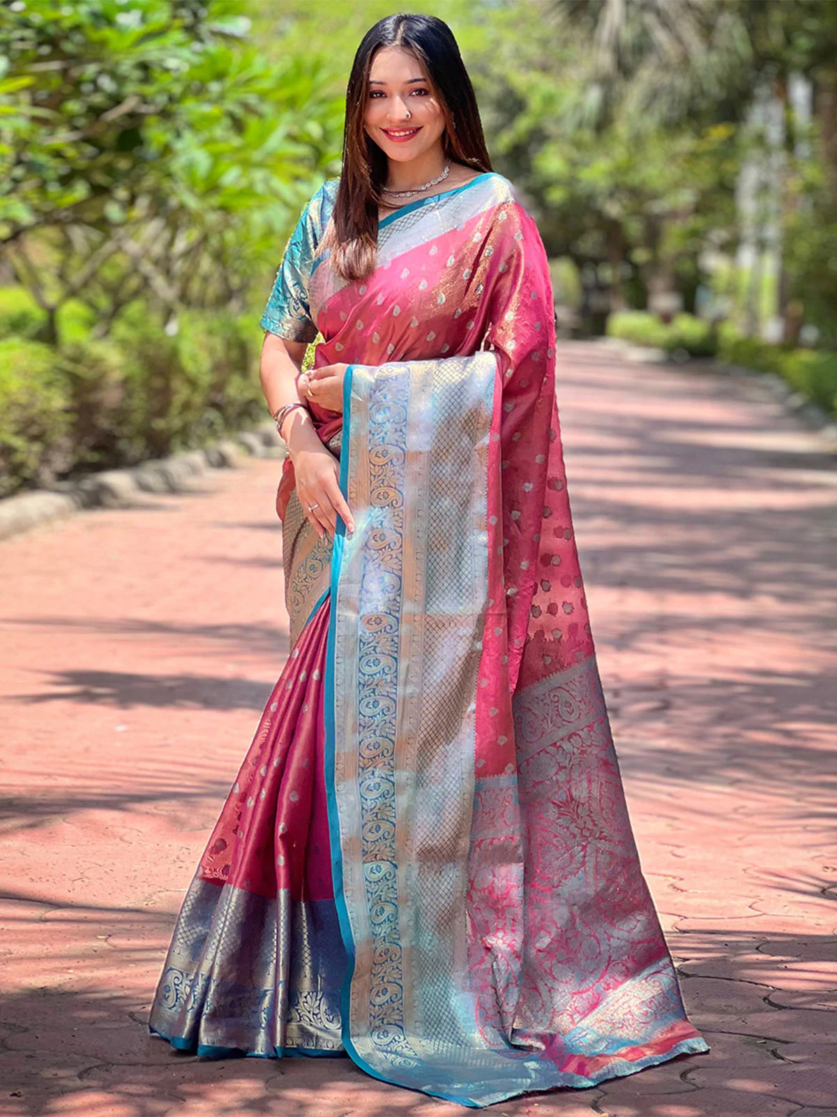 Odette Pink Woven Design Tissue Silk Saree With Unstitched Blouse For Women