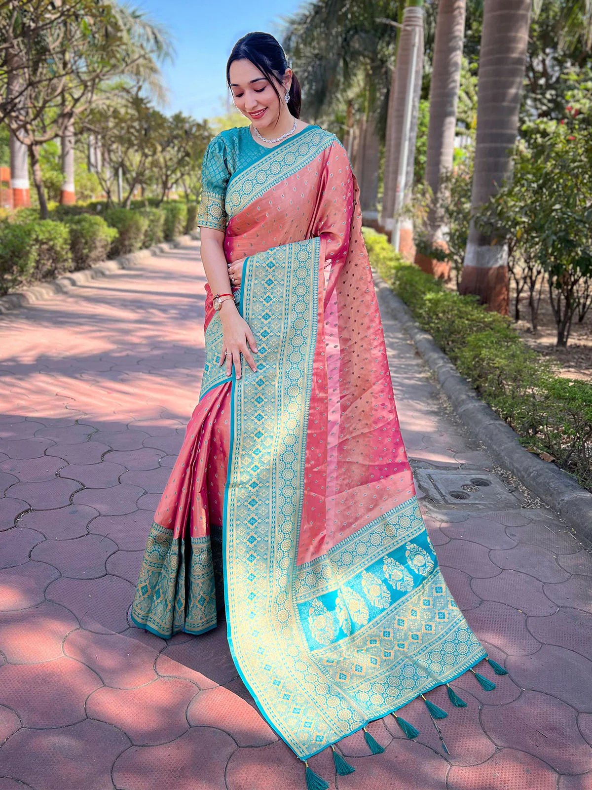 Odette Pink Woven Design Tissue Silk Saree With Unstitched Blouse For Women