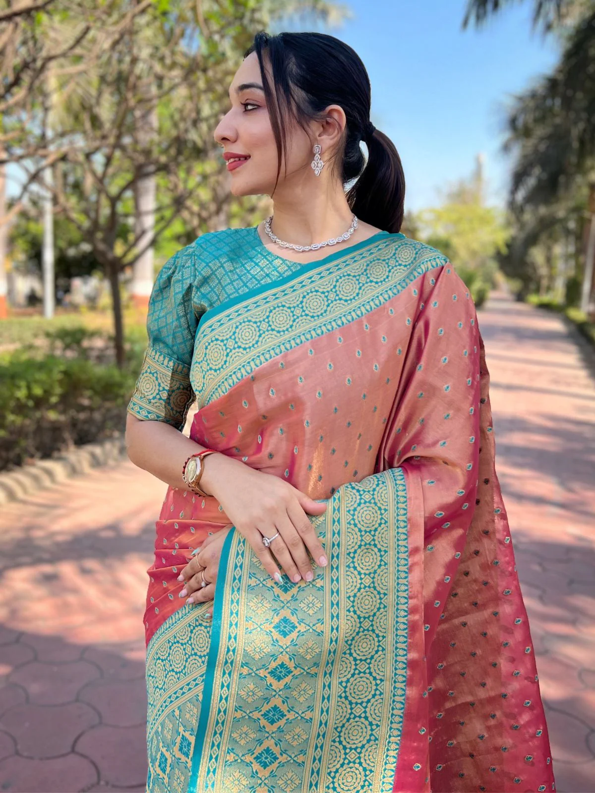 Odette Pink Woven Design Tissue Silk Saree With Unstitched Blouse For Women - Image 3