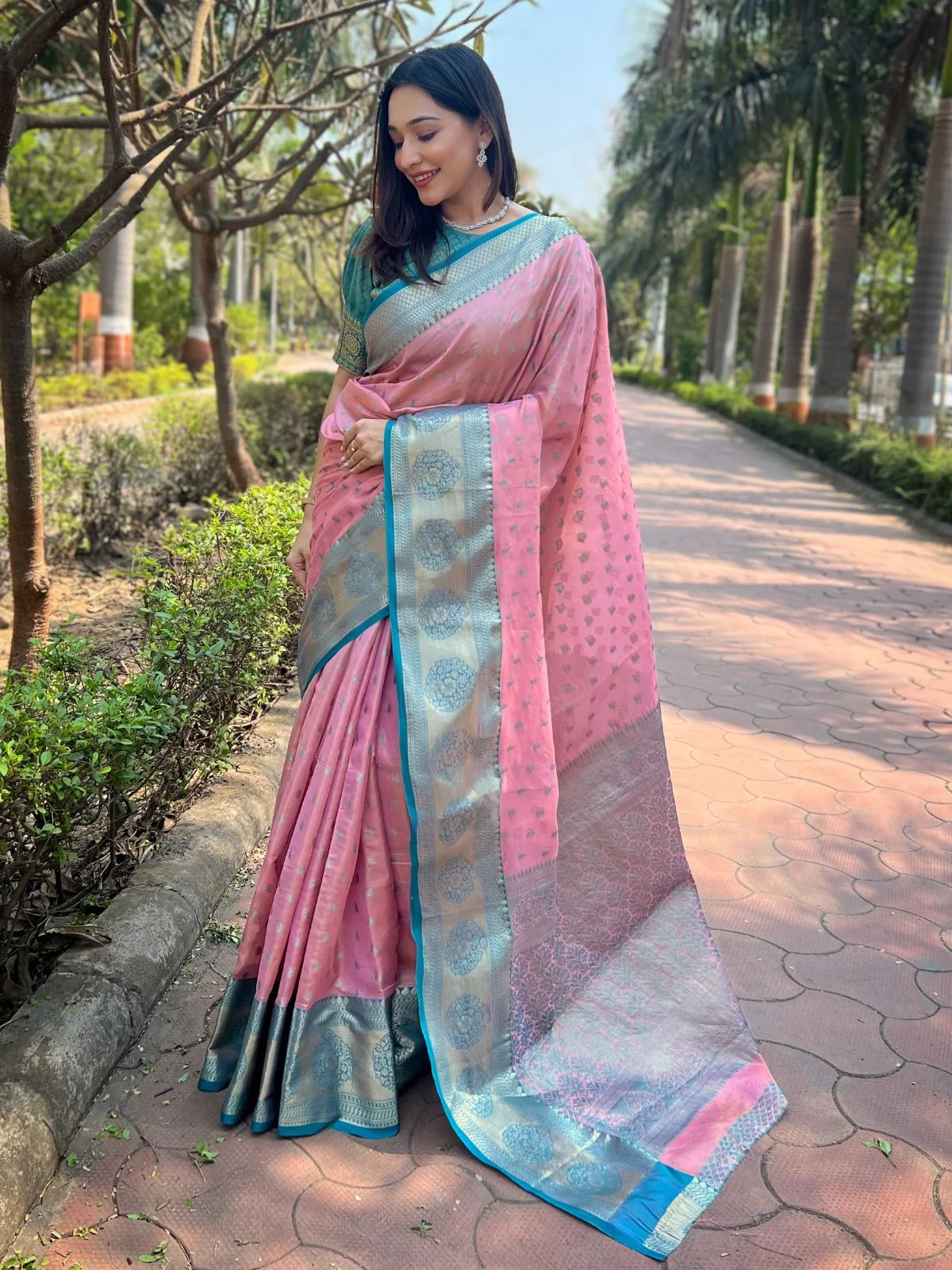 Odette Pink Woven Design Tissue Silk Saree With Unstitched Blouse For Women