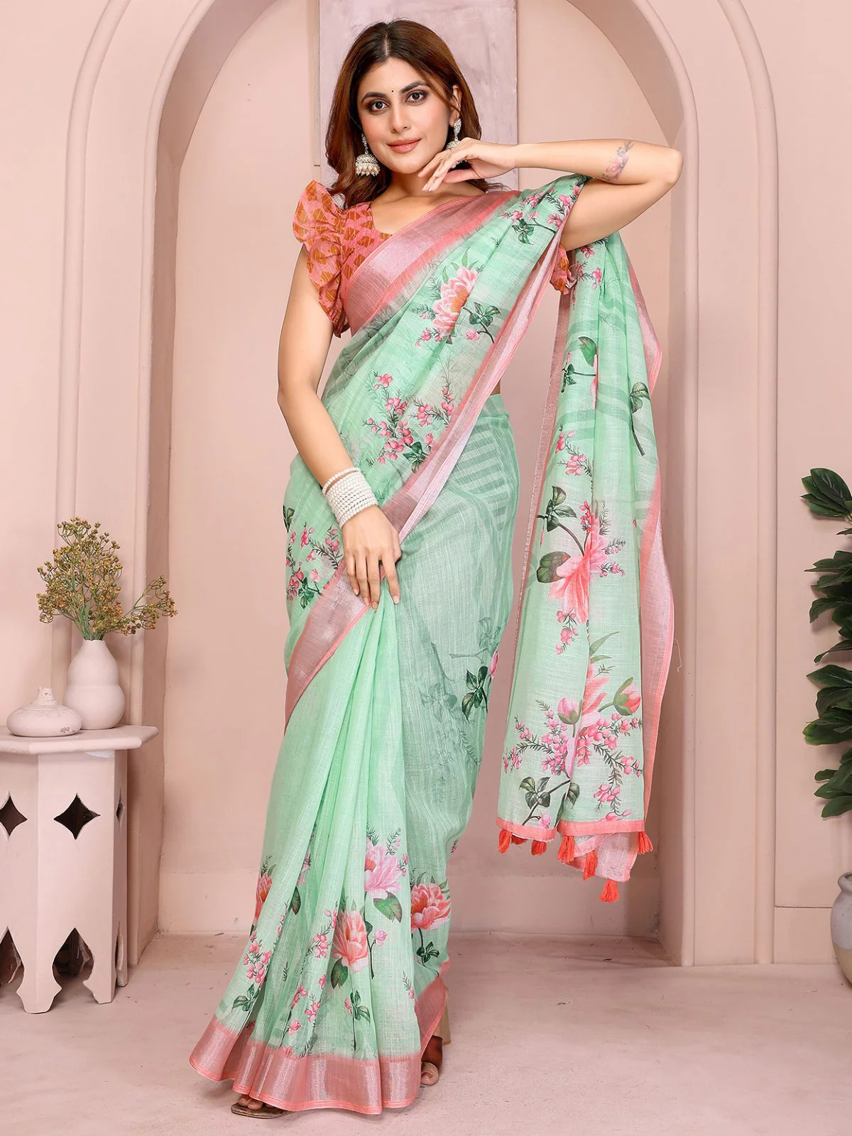 Odette Pista Cotton Linen Solid Printed Saree For Women - Image 2