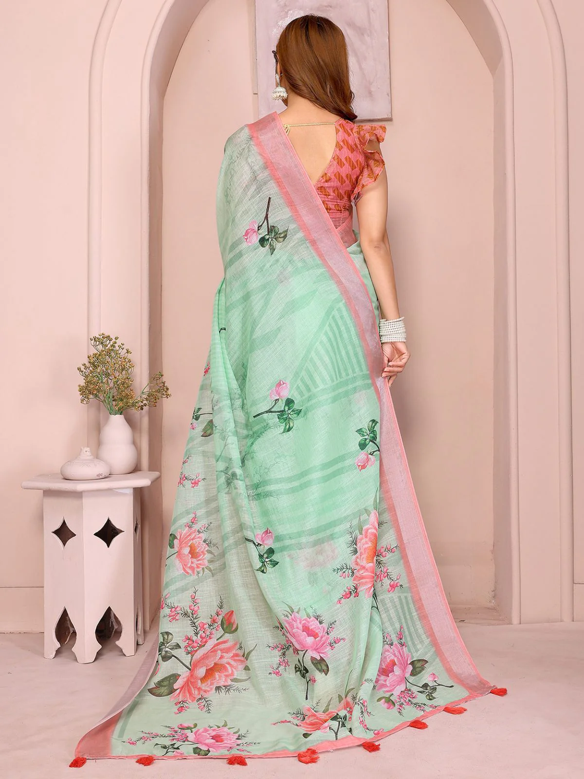 Odette Pista Cotton Linen Solid Printed Saree For Women - Image 4