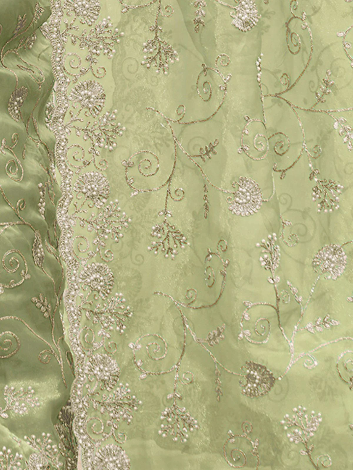 Odette Light Green Embroidered Organza Saree With Unstitched Blouse For Women - Image 4
